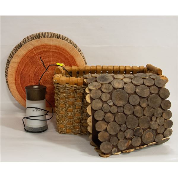 BASKET W/ WOOD SLAB LOOK PILLOW, WOOD MINI