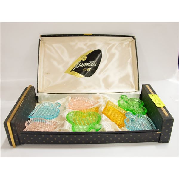 8 VINTAGE MULTI COLORED BRIDGE CUT GLASS TRAYS