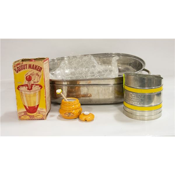 LARGE STAINLESS ROASTER, DONUT MAKER, SIFTER,