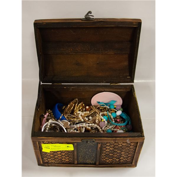 ESTATE WOOD CHEST FULL OF UNSORTED ESTATE