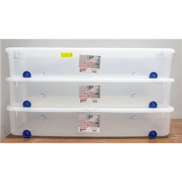 3 NEW STERILITE 62L ROLLING UNDER BED STORAGE
