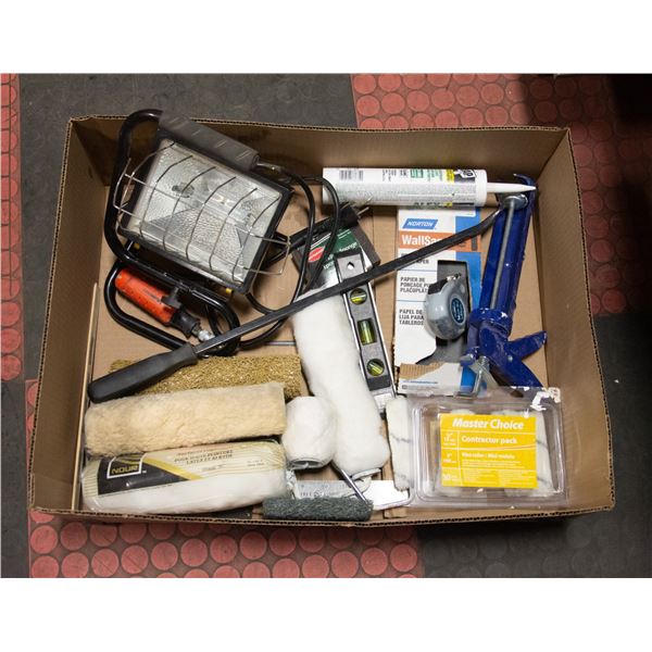 BOX OF NEW PAINTING SUPPLIES, TOOLS AND