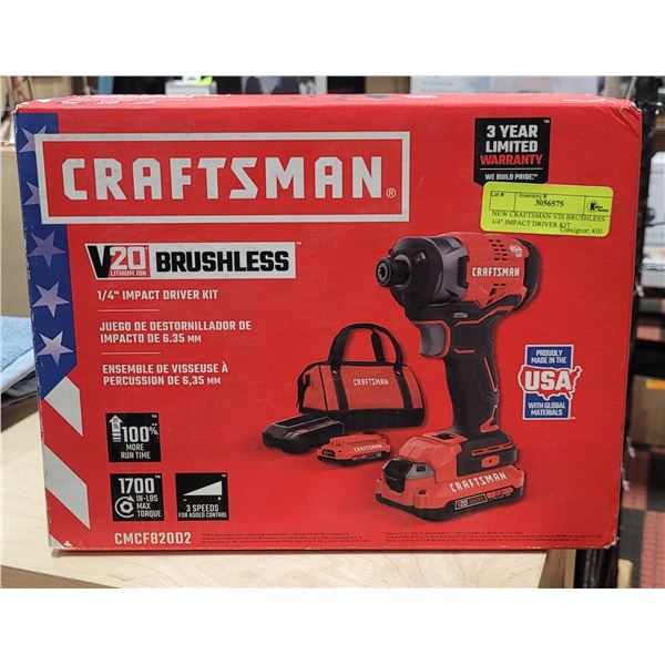 NEW CRAFTSMAN V20 BRUSHLESS 1/4" IMPACT DRIVER KIT