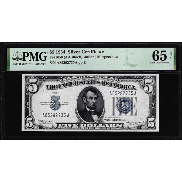 1934 $5 Silver Certificate Note Fr.1650 PMG Gem Uncirculated 65EPQ