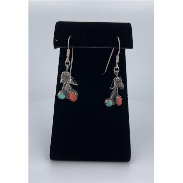 Navajo Sterling Silver Turquoise Coral Earrings