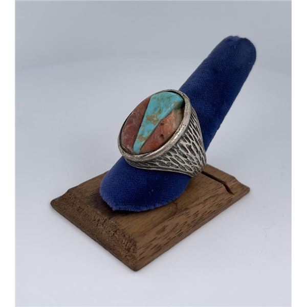 Navajo Sterling Silver Turquoise and Coral Ring