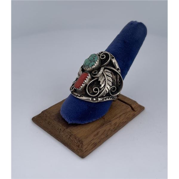 Navajo Sterling Silver Turquoise and Coral Ring