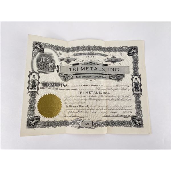 Tri Metals Inc Idaho Stock Certificate