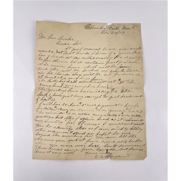 Letter in Regards to Taxidermy Montana 1917