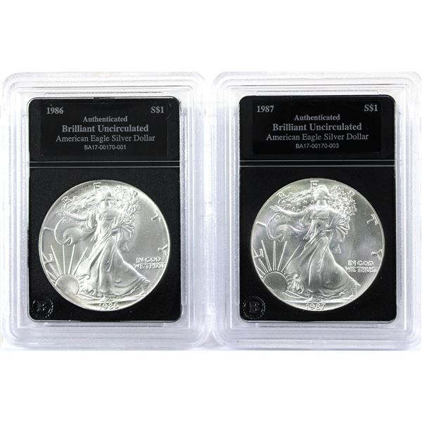 1986 & 1987 USA 1oz .999 Fine Silver Eagles in Bradford Mint Authenticated Hard Plastic Slabs. 2pcs 