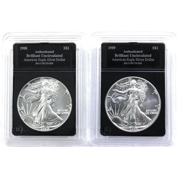 1988 & 1989 USA 1oz .999 Fine Silver Eagles in Bradford Mint Authenticated Hard Plastic Slabs. 2pcs 