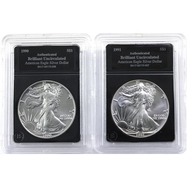 1990 & 1991 USA 1oz .999 Fine Silver Eagles in Bradford Mint Authenticated Hard Plastic Slabs. 2pcs 