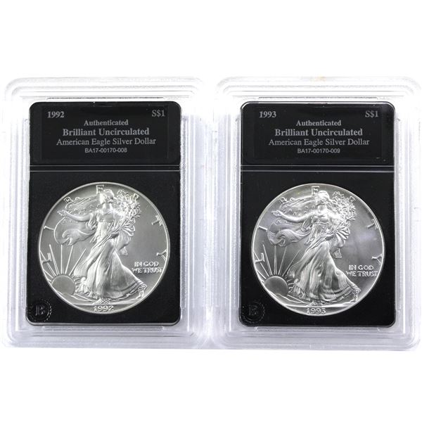 1992 & 1993 USA 1oz .999 Fine Silver Eagles in Bradford Mint Authenticated Hard Plastic Slabs. 2pcs 