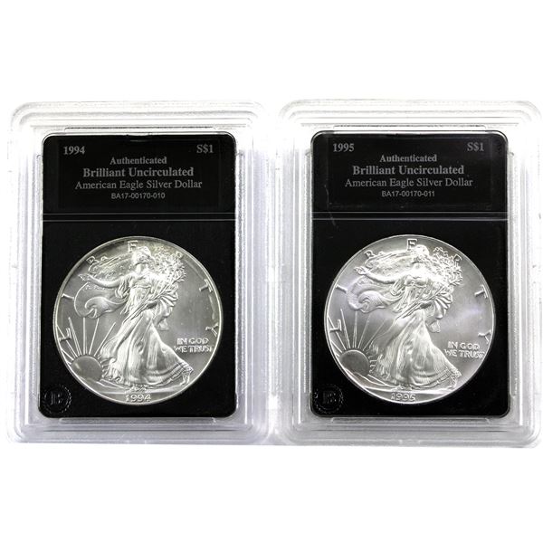 1994 & 1995 USA 1oz .999 Fine Silver Eagles in Bradford Mint Authenticated Hard Plastic Slabs. 2pcs 