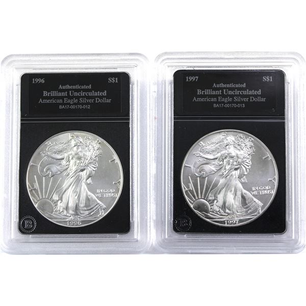 1996 & 1997 USA 1oz .999 Fine Silver Eagles in Bradford Mint Authenticated Hard Plastic Slabs. 2pcs 