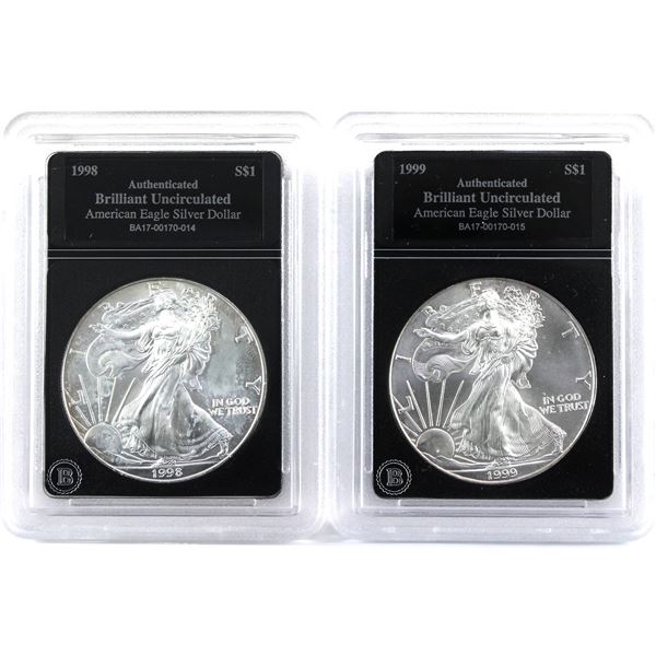 1998 & 1999 USA 1oz .999 Fine Silver Eagles in Bradford Mint Authenticated Hard Plastic Slabs. 2pcs 