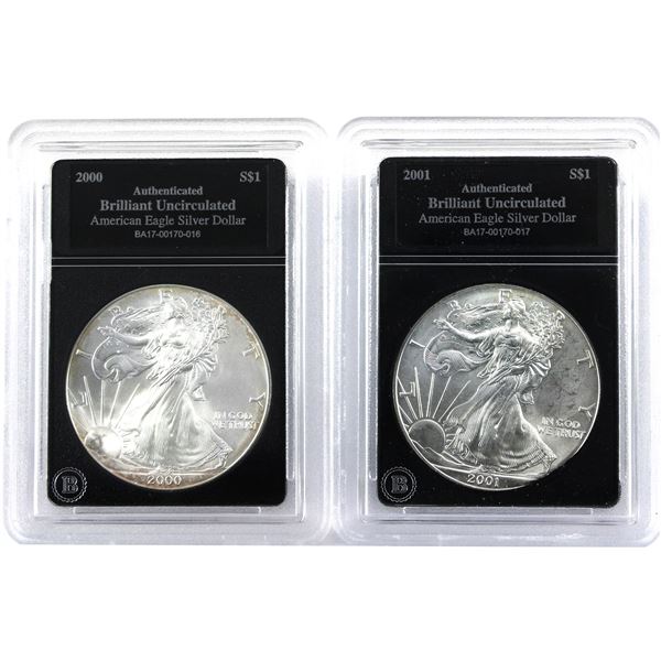2000 & 2001 USA 1oz .999 Fine Silver Eagles in Bradford Mint Authenticated Hard Plastic Slabs. 2pcs 