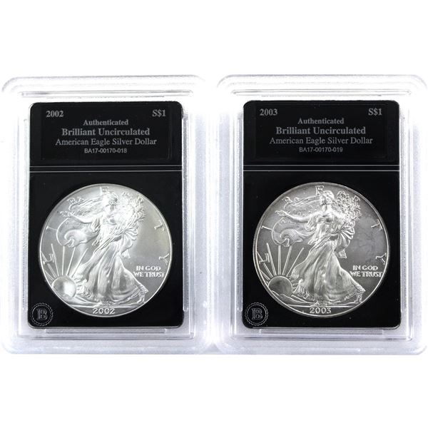2002 & 2003 USA 1oz .999 Fine Silver Eagles in Bradford Mint Authenticated Hard Plastic Slabs. 2pcs 