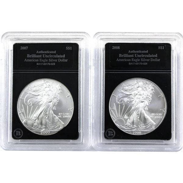 2007 & 2008 USA 1oz .999 Fine Silver Eagles in Bradford Mint Authenticated Hard Plastic Slabs. 2pcs 