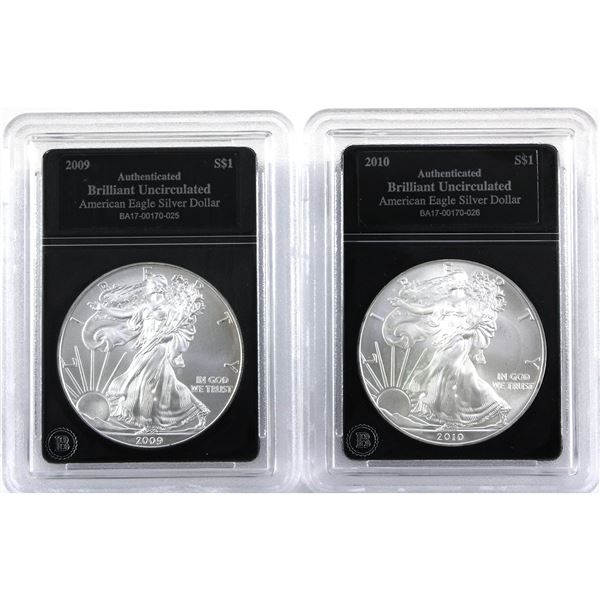 2009 & 2010 USA 1oz .999 Fine Silver Eagles in Bradford Mint Authenticated Hard Plastic Slabs. 2pcs 