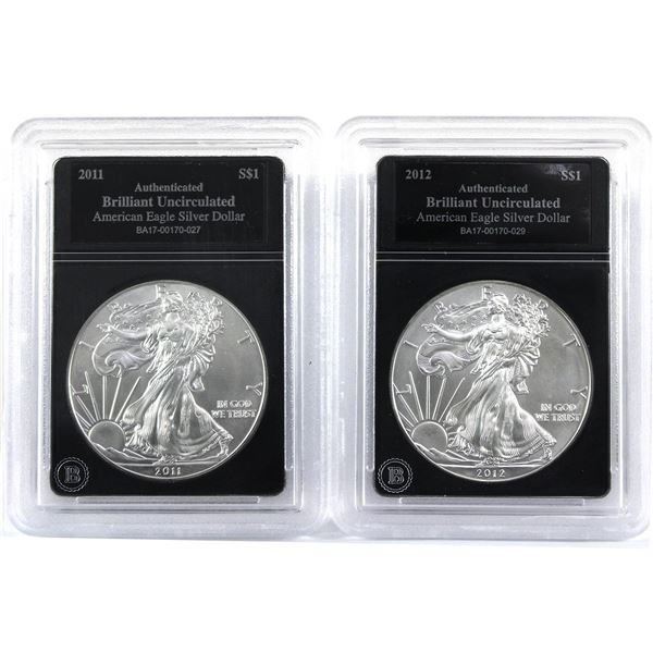 2011 & 2012 USA 1oz .999 Fine Silver Eagles in Bradford Mint Authenticated Hard Plastic Slabs. 2pcs 