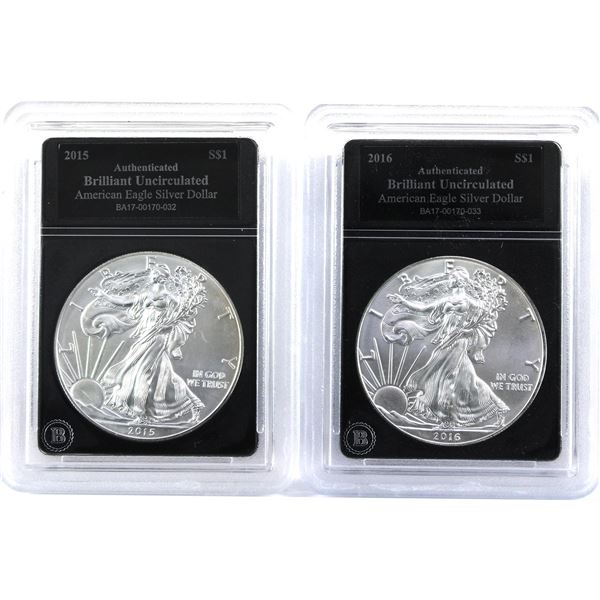 2015 & 2016 USA 1oz .999 Fine Silver Eagles in Bradford Mint Authenticated Hard Plastic Slabs. 2pcs 