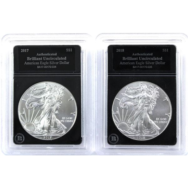 2017 & 2018 USA 1oz .999 Fine Silver Eagles in Bradford Mint Authenticated Hard Plastic Slabs. 2pcs 