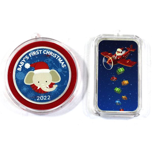APMEX 1oz Coloured Fine Silver Chistmas Themed - 2022 Baby's First Christmas & Santa w Presents. 2pc