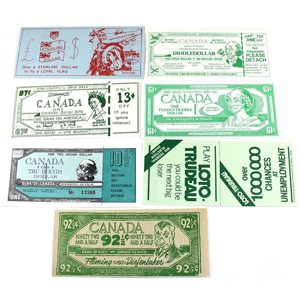 Unique Lot of 7x Canadian Parody Notes. These notes criticize Pierre Trudeau and The Queen. 7pcs