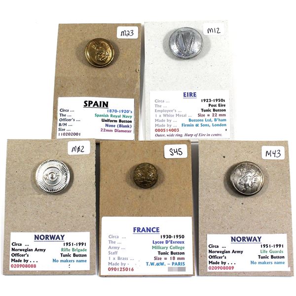 Lot of 5x Assorted World Buttons. Includes Spain Royal Navy Uniform, Ireland Post Eire Uniform, Norw