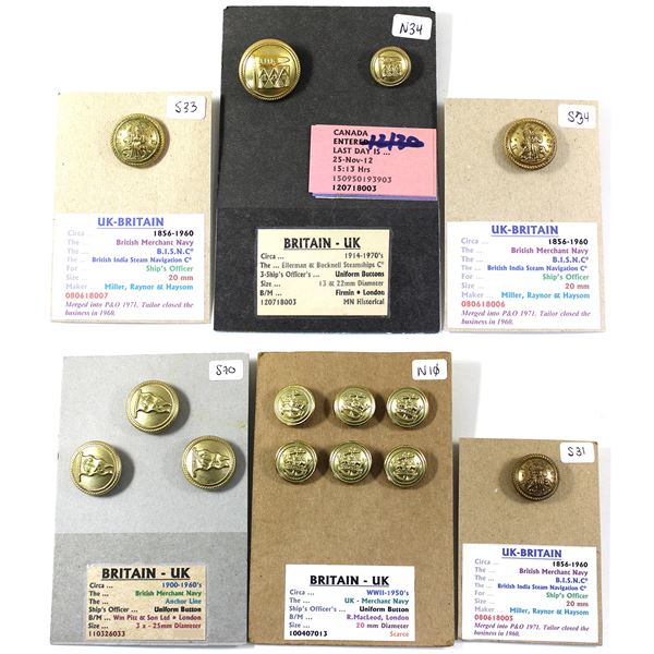 Lot of 17x Assorted Great Britain Merchant Navy Uniform Buttons. Includes 3x British India Steam Nav
