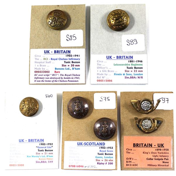 Lot of 5x Assorted Great Britain Buttons. Includes 2x King's Own Yorkshire Light Infantry Bugles, 2x