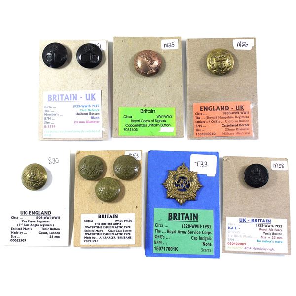 Lot of 10x Assorted Great Britain WWII Era Buttons and Badge. Includes Royal Corps of Signals, The E
