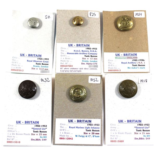 Lot of 6x Assorted Great Britain Post 1900s Buttons. Includes Windsorian Royal Artillery Tunic, 2x G