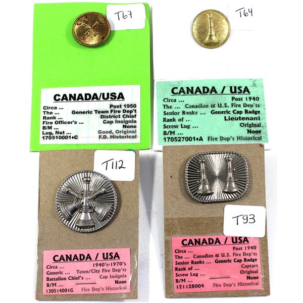 Lot of 4x Mixed Canada and USA Fire Department Badges. Post 1940s. Includes 3 Bugles Cap Badge, Sing