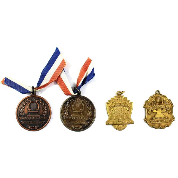 Lot of 4x 1946-1948 Waterloo Music Festival Medals. Two with original ribbons. Includes 1946, 1947, 