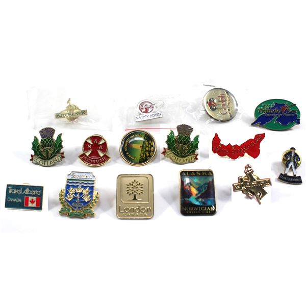 15x Mostly Enameled Pins from Different Places, Mostly from Canada and USA.  See image for variety.