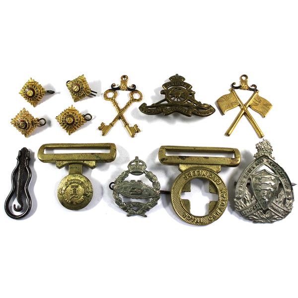 Lot of 11x Assorted Military Badges, Buckles, and Other Ornaments. Including 4x British Army Pips, R