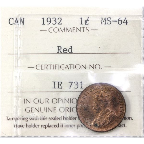 1-cent 1932 ICCS MS64, Red