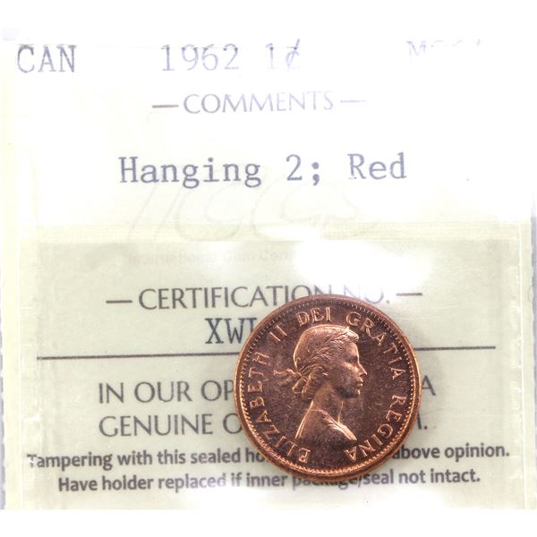 1-cent 1962 Hanging 2 ICCS MS64, Red