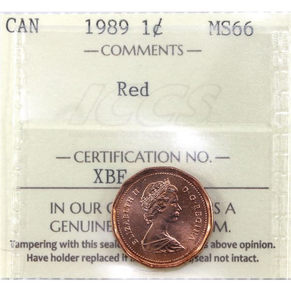 1-cent 1989 ICCS MS66, Red. Bright Flame-Red Hue Throughout!