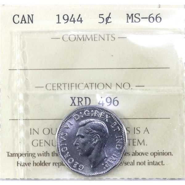 5-cent 1944 ICCS MS66. Bright, Flashy Coin with Radiant Lustre