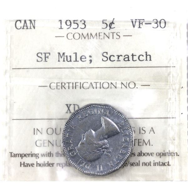 1953 SF Far Mule, Canada 5-cent ICCS VF-30, Scratch
