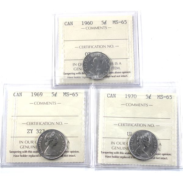 5-cent 1960, 1969, & 1970 ICCS MS65. 3pcs.
