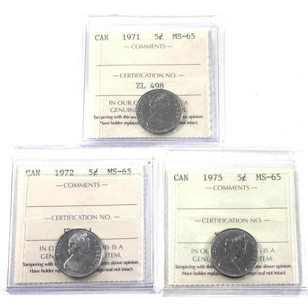 5-cent 1971, 1972, & 1975 ICCS MS65. 3pcs.