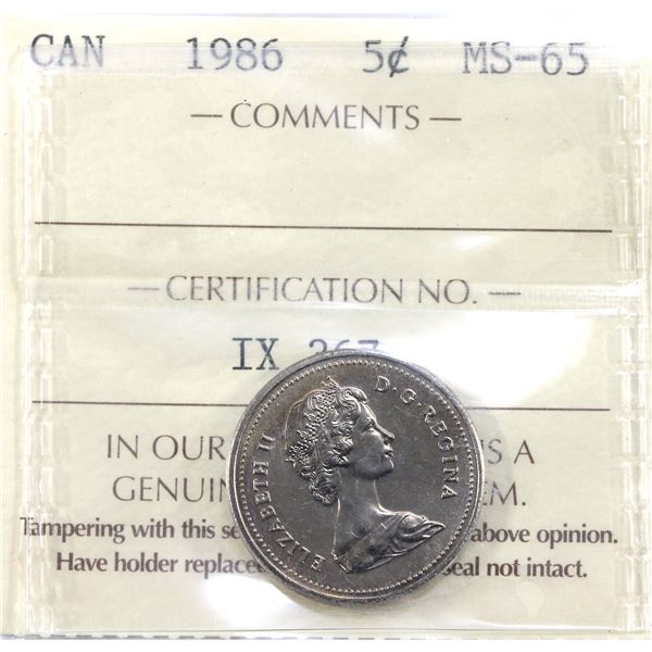 5-cent 1986 ICCS MS65. Attractive Amber Lustre Throughout
