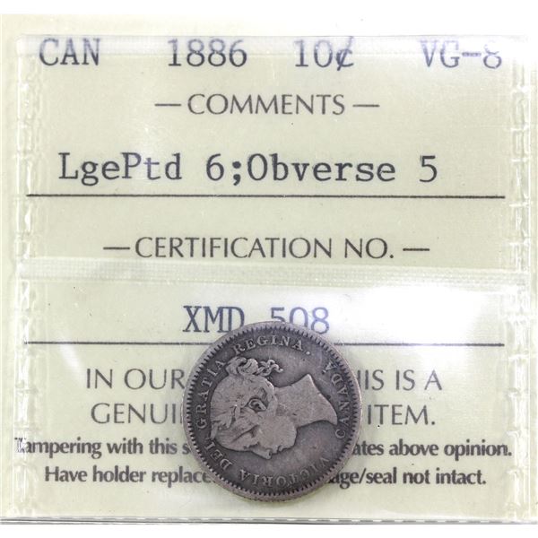 10-cent 1886 LgePtd 6, Obverse 5 ICCS VG8