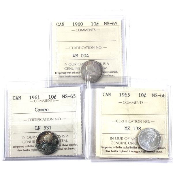 10-cent 1960 MS65, 1961 MS65 Cameo, & 1965 MS66 ICCS Certified. 3pcs.