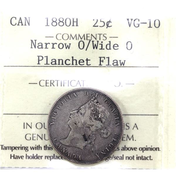25-cent 1880H Narrow 0/Wide 0 ICCS VG10, Planchet Flaw