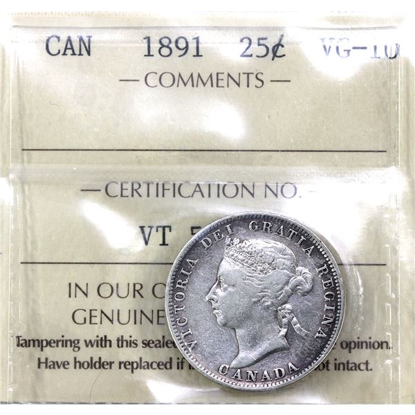 25-cent 1891 ICCS VG10. Soft Rose Toning